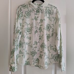 Joie Linen Green Floral White Women's Button Down Shirt Size L NWT Resort Beach